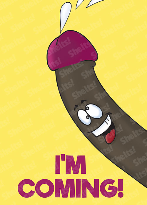 Funny rude adult party or wedding accept invite. A large erect penis illustration ejaculating with the caption I'm coming!