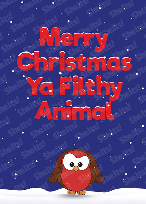 Funny rude adult Christmas card with a swearing robin bird and the caption Merry Christmas Ya Filthy Animal