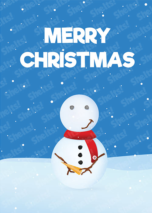 Funny rude adult Christmas card of a snowman holding his carrot nose in his genital area to look like a penis with the caption merry Christmas