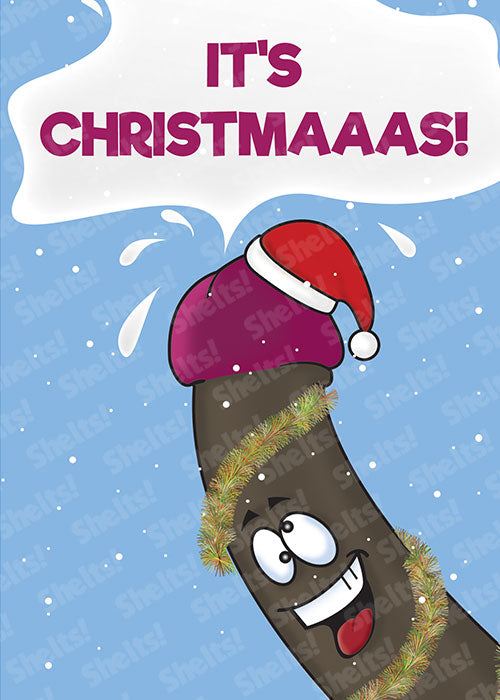 Funny rude adult Christmas card with an erect black penis ejaculating and the caption it's Christmaaas!